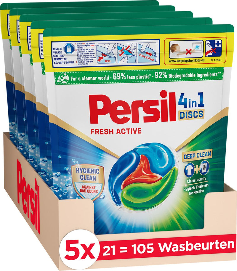 Persil discs fresh active - wascapsules - krachtige vlekverwijdering - hygiënische reiniging - voordeelverpakking - 5 x 21 wasbeurten