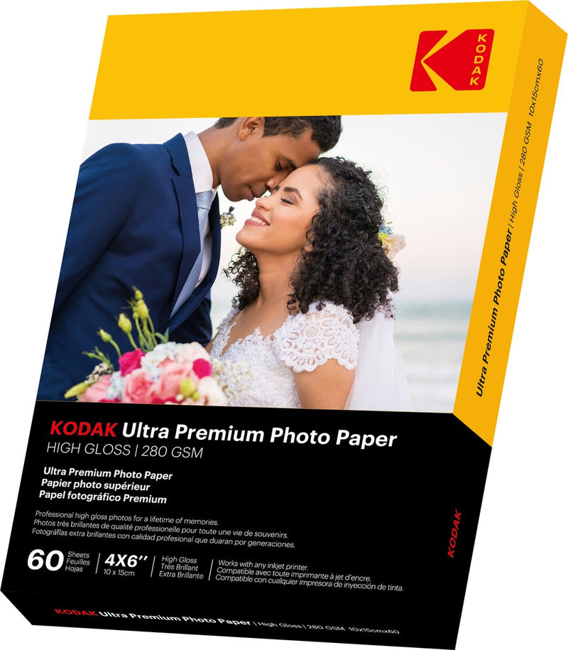 Kodak ultra premium photo paper 9891626 - pack de 60 feuilles de papier photo haut de gamme - format 10 x 15 cm (a6) - finition très brillante - 280 gsm - compatible avec toutes imprimante jet d'encre