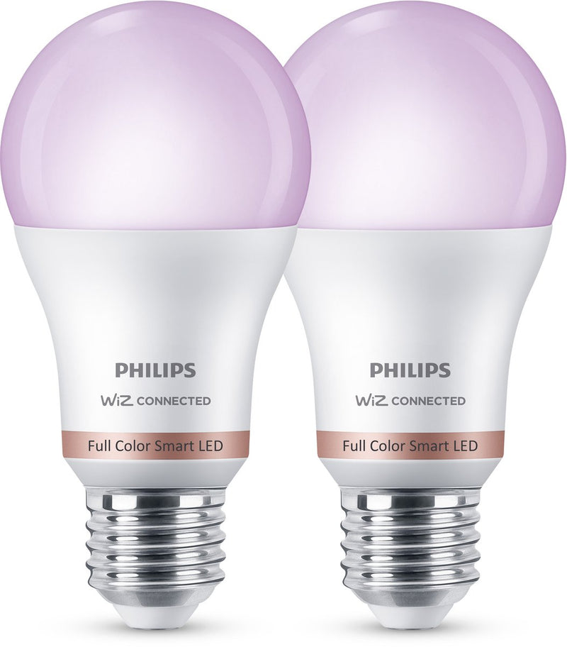 Philips lighting philips smart lighting - led lamp - gekleurd en instelbaar wit licht - rgb - dimbaar - 2 pack - e27 fitting - standaard lampvorm: a60 - 100w - werkt met de wiz app - wifi
