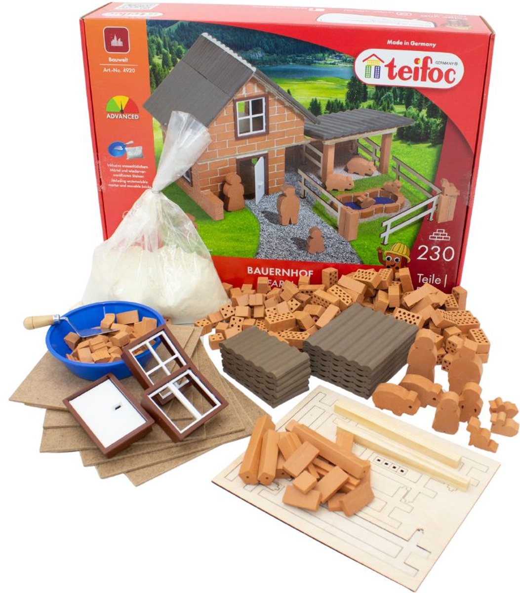 Teifoc ® bouwdoos – boerderij – 230 onderdelen – echte mini bakstenen met cement, kom en troffel – bouwpakket voor kinderen vanaf 6 jaar