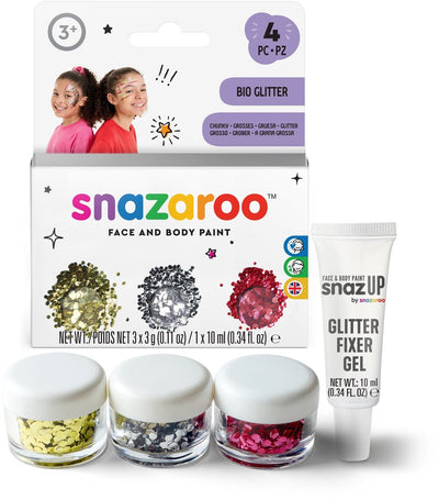 Snazaroo 1172244 bio glitter set chunky – glitter voor gezicht, lichaam haar – 3 kleuren + fixeergel – festival glitter, huidvriendelijk afwasbaar