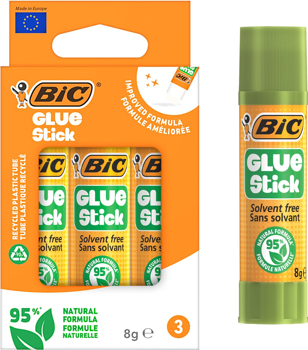 Bic ecolutions lijmstift 8g - 3 stuks - 95% natuurlijk - mini lijm school knutselen