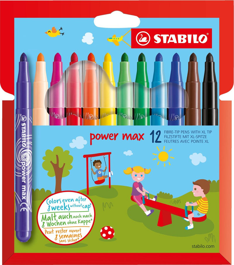 Stabilo power max - viltstift - met extra dikke punt 3,0 mm - etui met 12 kleuren