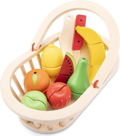 Woet ® houten fruitmandje speelset - snijbaar fruit in mand met snijplank - educatief speelgoedeten snijset - rollenspel speelgoed - vanaf 2 jaar
