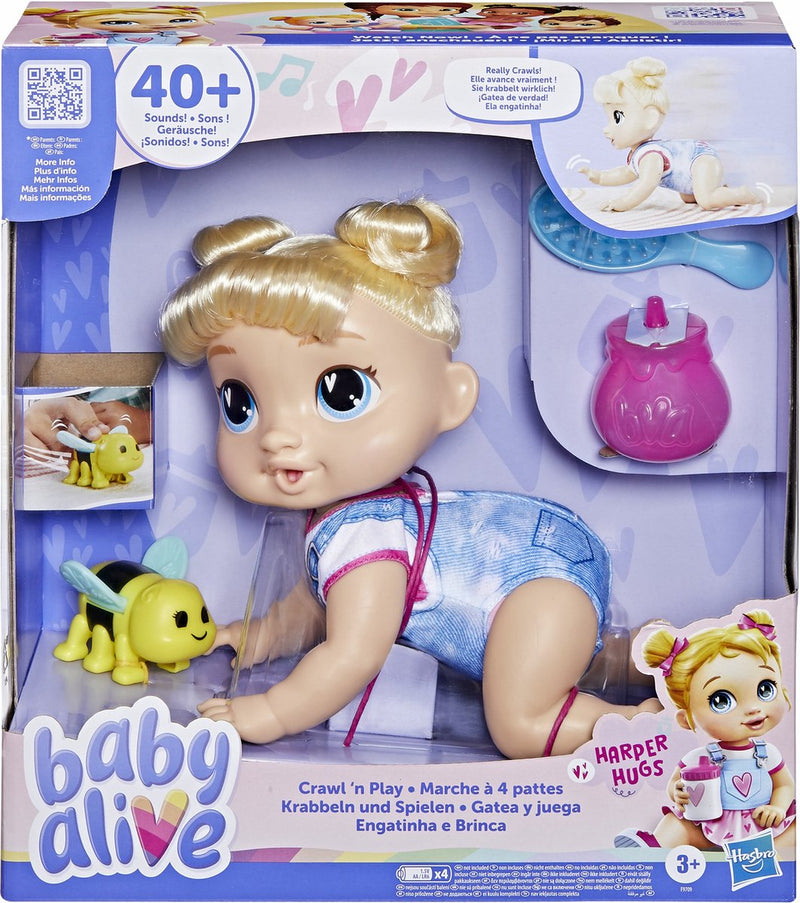 Baby alive crawl 'n play harper hugs, babypop, vrouw, 3 jaar, meisjes, geluid, meerkleurig