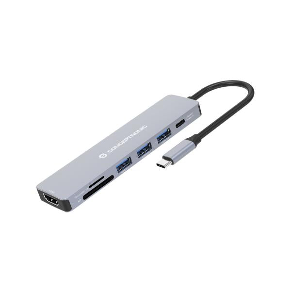Conceptronic donn19g 7-in-1 usb 3.2 gen 1 docking station, hdmi, usb-a 3.0 x 3, sd, tf microsd, 100w