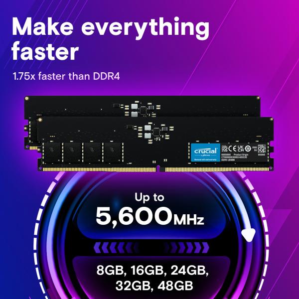 Crucial ct8g56c46u5 dimm, 8 gb, ddr5 5600 mhz, pc5-44800, unbuffered