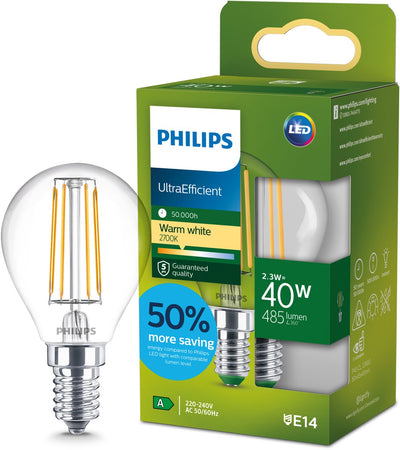 Philips led philips ultra efficient led kogellamp transparant - 40 w - e14 - warmwit licht - energielabel a