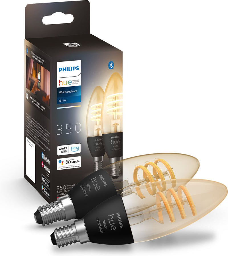 Philips hue filament - led lamp - e14 fitting - bevat 2 lampen - aanpasbaar wit licht - kaarsvorm - vintage look - slimme verlichting