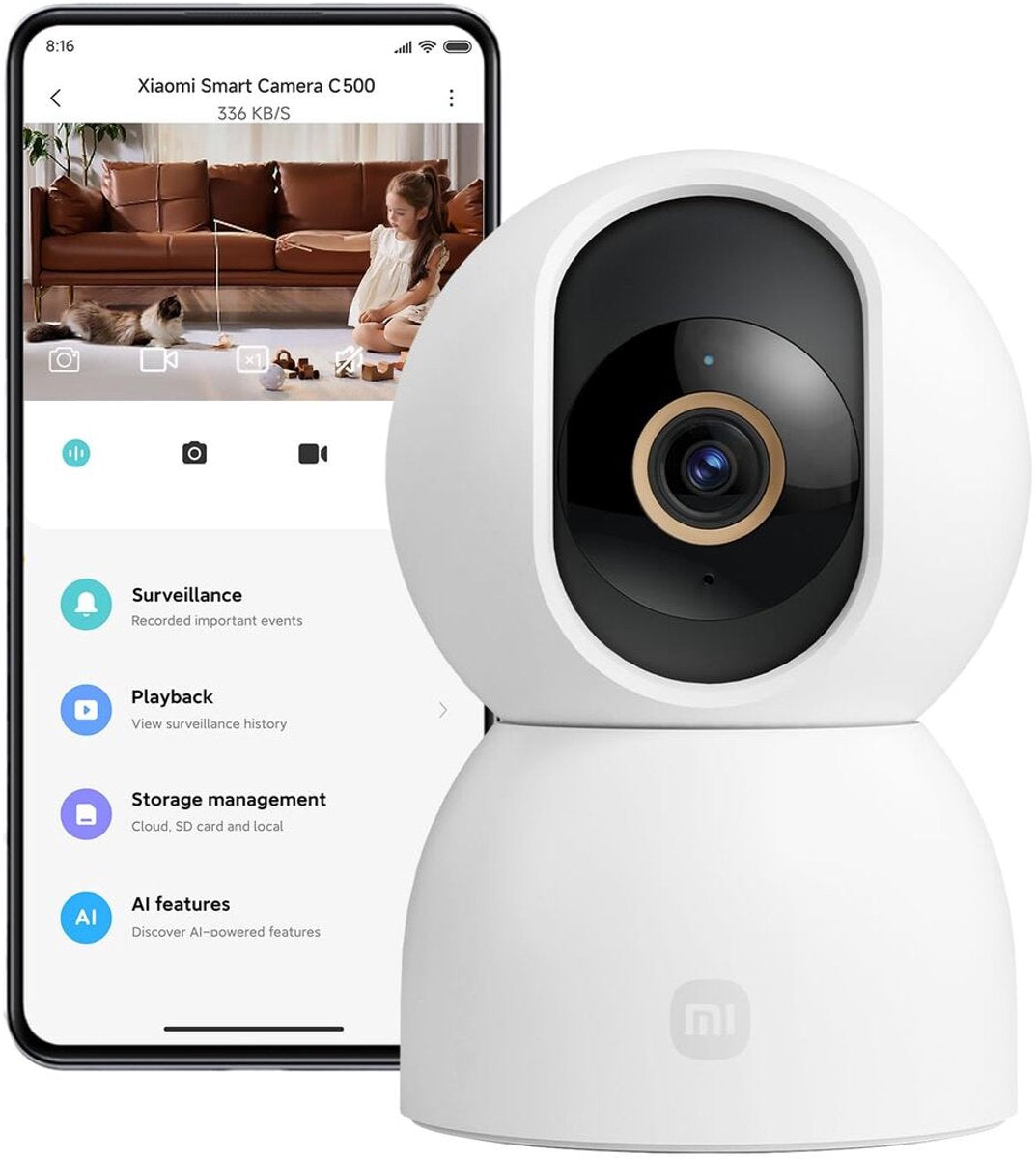 Xiaomi smart camera c500 - beveiligingscamera voor binnen - 3,5k uhd 6mp resolutie - 360° pan tilt - wifi 6 dual band - ai persoons- en huisdierdetectie - slim volgen - kleur nachtzicht - tweeweg audio - microsd tot 256gb - home