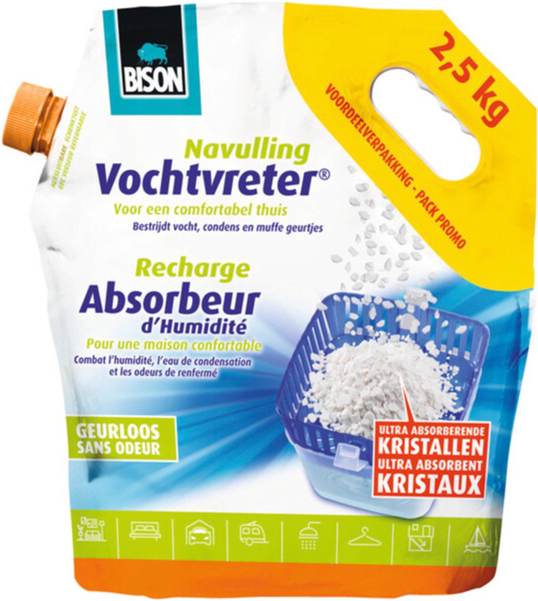 Bison vochtvreter® losse kristallen neutraal zak 2.5 kg, navulling voor een vochtvreter®, eenvoudig in gebruik, geschikt voor alle navullingen, voor alle woonruimtes, campers, caravans