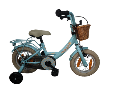 Bikefun kinderfiets girly 12 inch - met mandje, zijwieltjes en remnaaf - blauw