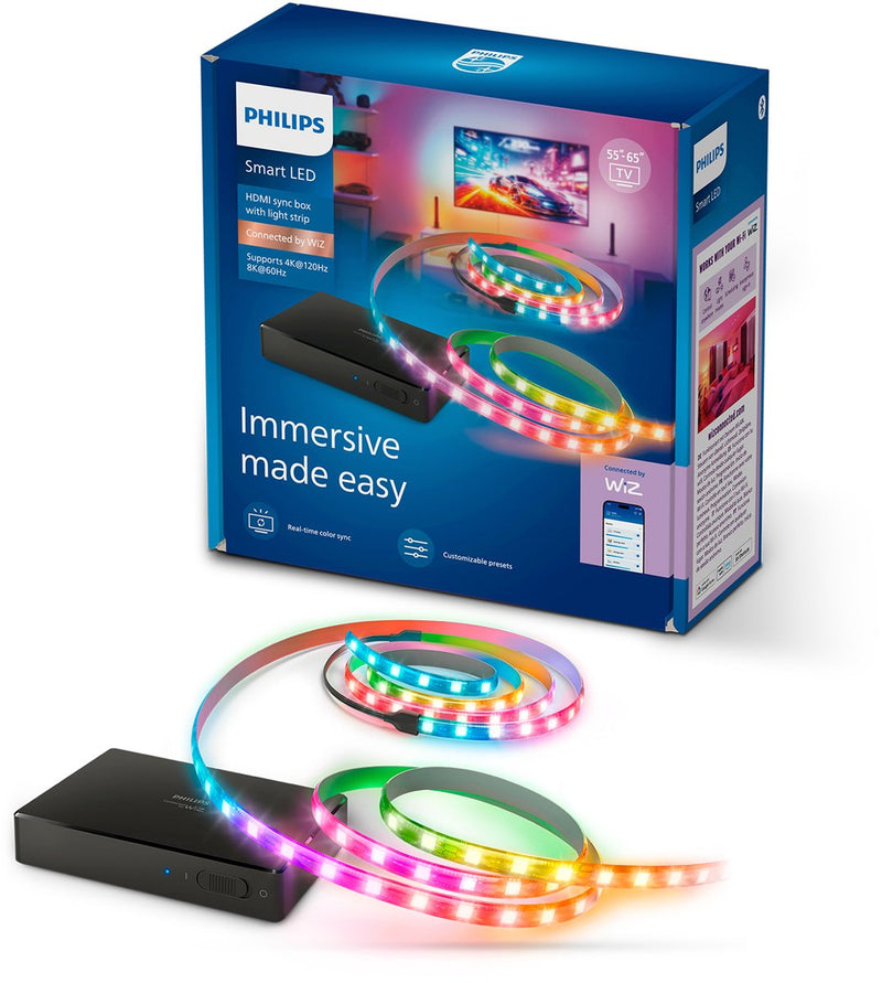 Philips lighting philips smart lighting - hdmi 2.1 sync box - met rgbic led strip voor 55 tot 65 tv's - synchroniseer je verlichting met je beeldscherm - 4k bij 120hz en 8k bij 60hz - werkt met de wiz app - wifi - entertainment starterkit