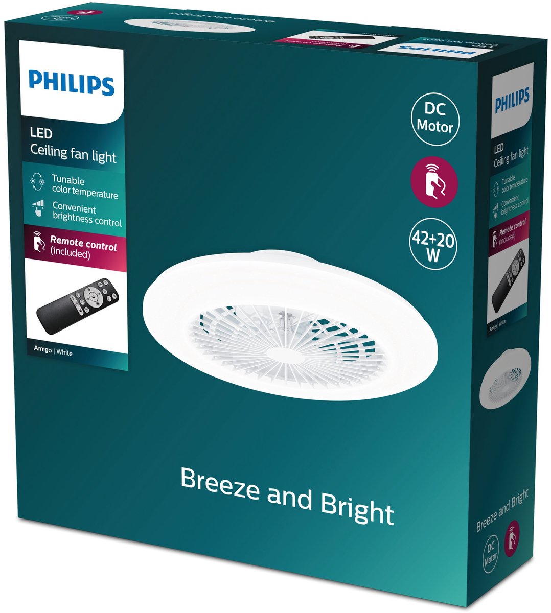 Philips led philips amigo ventilator - energiezuinige led verlichting - plafondlamp - instelbare kleurtemperatuur - 48,5 cm diameter -afstandsbediening - wit met glinstereffect