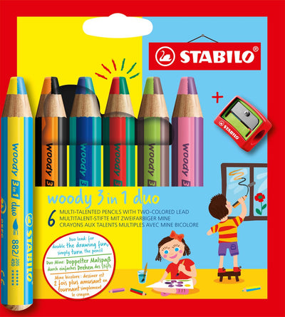 Stabilo woody 3 in 1 duo - multi talent kleurpotloden - etui met 6 kleuren puntenslijper