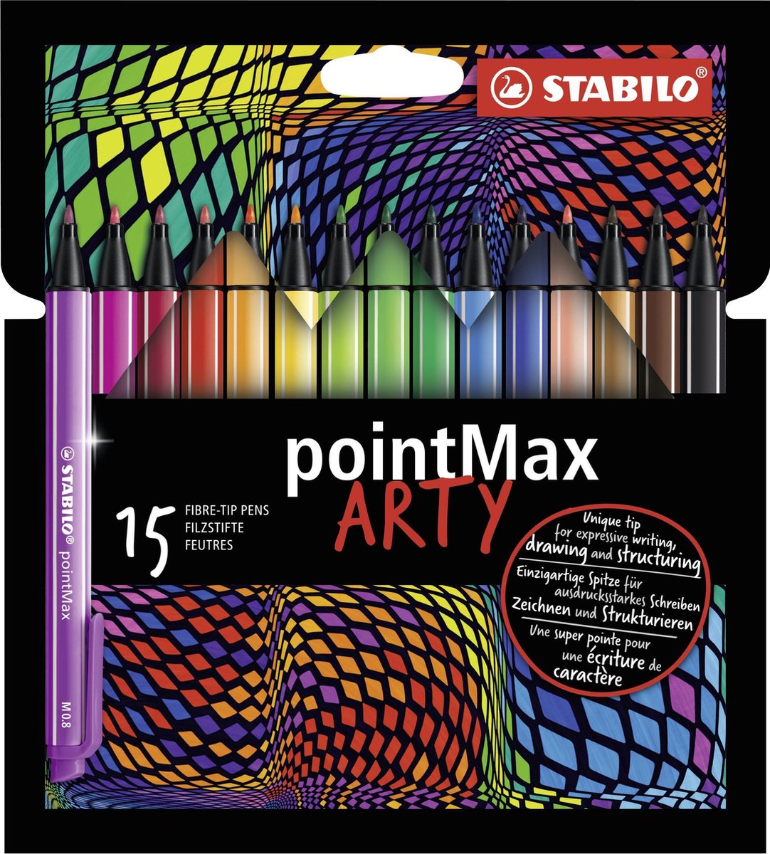 Stabilo pointmax - hardtip fineliner 0,8 mm - arty etui met 15 kleuren