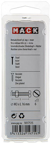 Mack 1017515 - metaalschroef cyl. kop + moer verz. 27 st m3 x 16 mm | 10 stuks - afbeelding 2