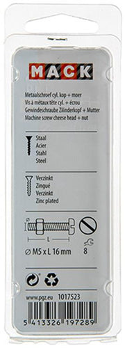 Mack 1017523 - metaalschroef cyl. kop + moer verz. 16 st m5 x 16 mm | 10 stuks - afbeelding 2