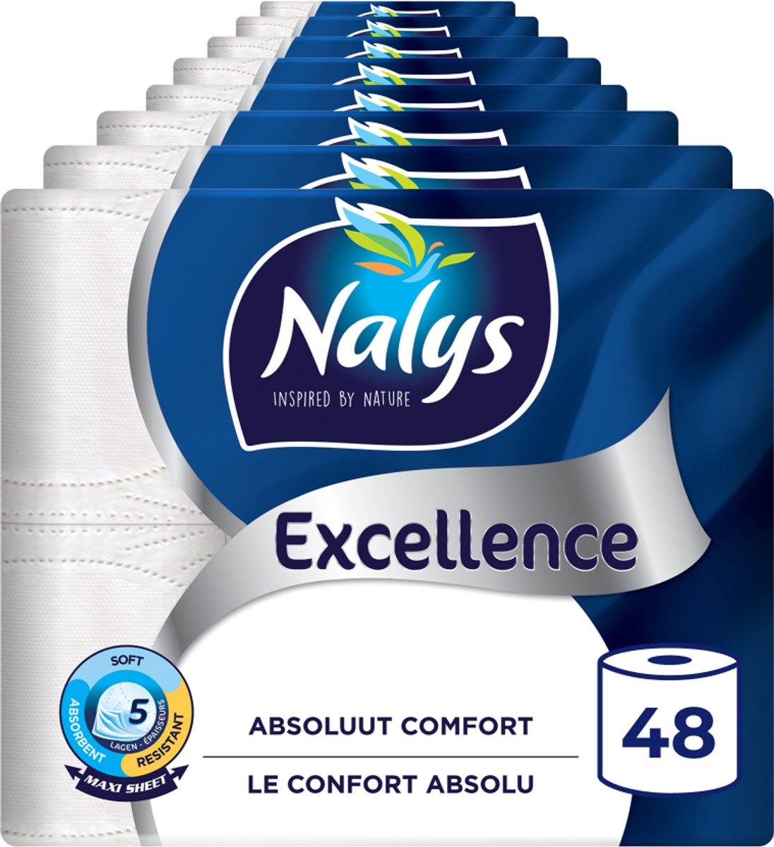 Nalys excellence toiletpapier - 48 rollen - wit maxi vellen (5-laags) - voordeelverpakking - papieren verpakking