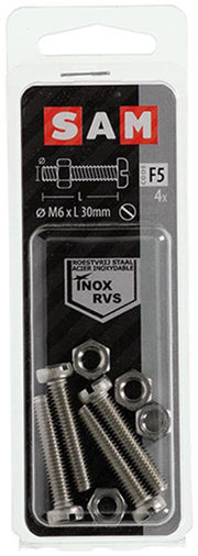 Mack 1019830 - metaalschroef cyl. kop + moer rvs 4 st m6x30 | 10 stuks - afbeelding 1