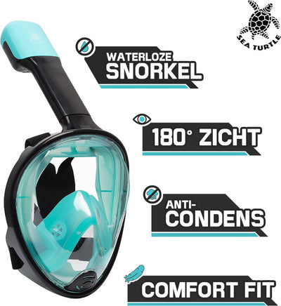 Sea turtle snorkelmasker - snorkel - duikbril - snorkelset - full face masker - volwassenen - zwart turquoise - l xl