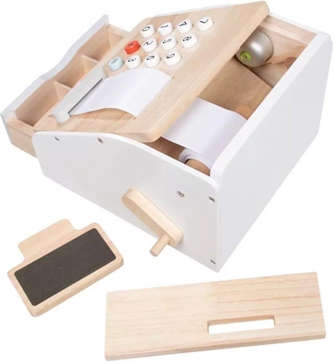 Goki houten speelgoedkassa met geluid, 4dlg.