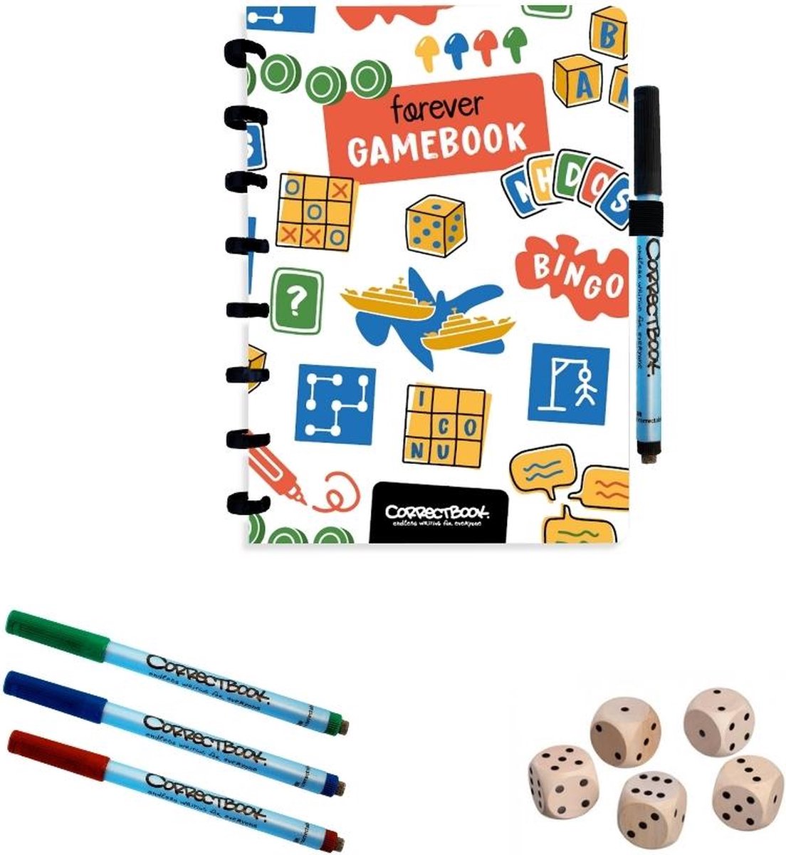 Correctbook a5 uitwisbaar notitieboek – forever gamebook – herbruikbaar spelletjesboek – inclusief pennen, wisdoekje dobbelstenen – ook als scoreboek te gebruiken