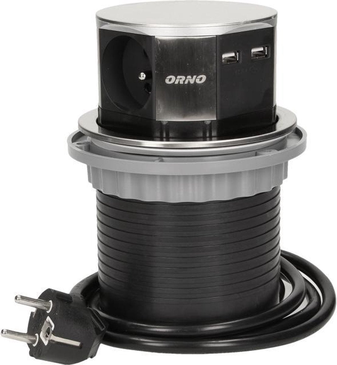 Orno pop-up stekkerdoos - verdeelstekker 3 -voudig - stekkerblok met twee usb-a laadpunten - rvs inox