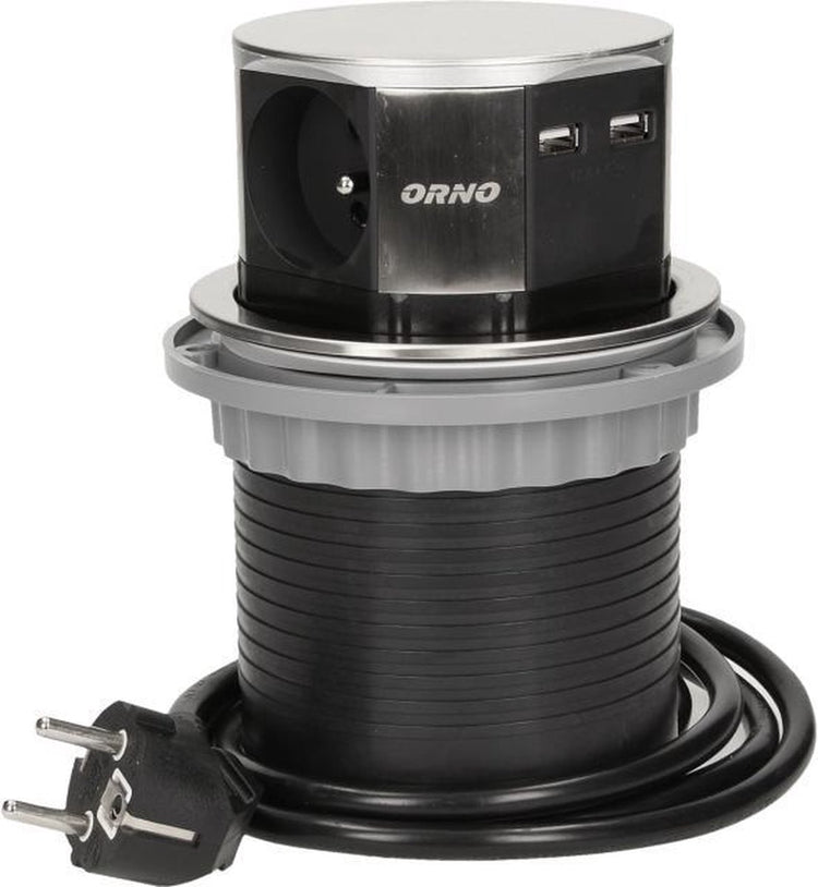 Orno pop-up stekkerdoos - verdeelstekker 3 -voudig - stekkerblok met twee usb-a laadpunten - rvs inox