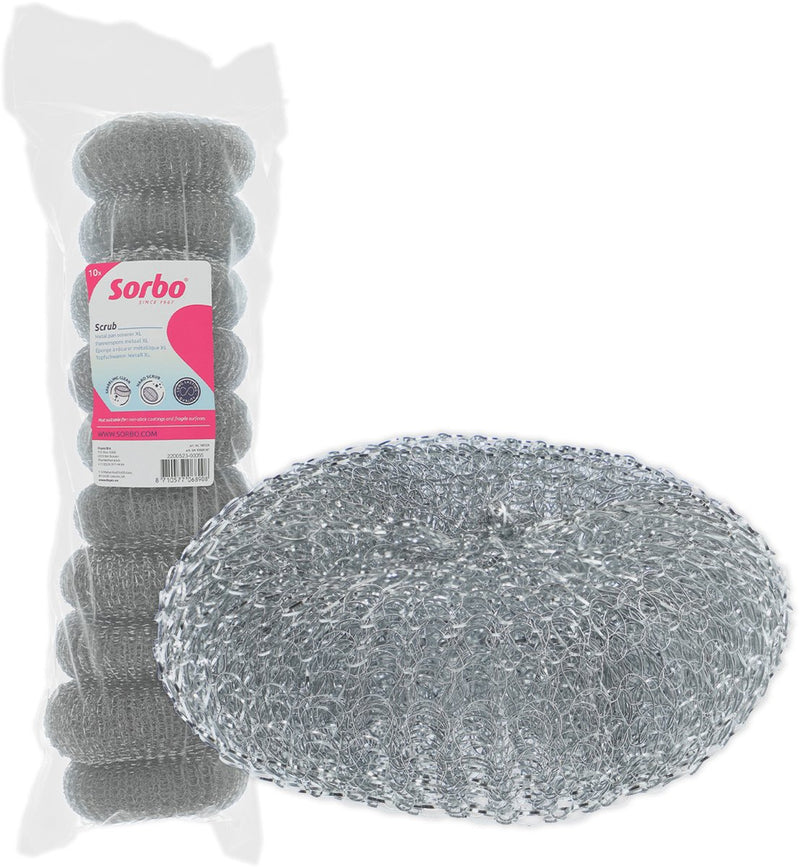Sorbo – schuurspons metaal – set van 10 stuks –extra sterke rvs schuursponsjes 40 gram – verwijdert hardnekkig vuil van pannen, oven grill