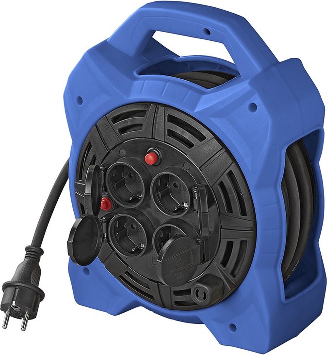 Proplus kabelhaspel 15 meter – schuko-kabel voor huishoudelijk gebruik – 4 stopcontacten en led-verlichting – blauw