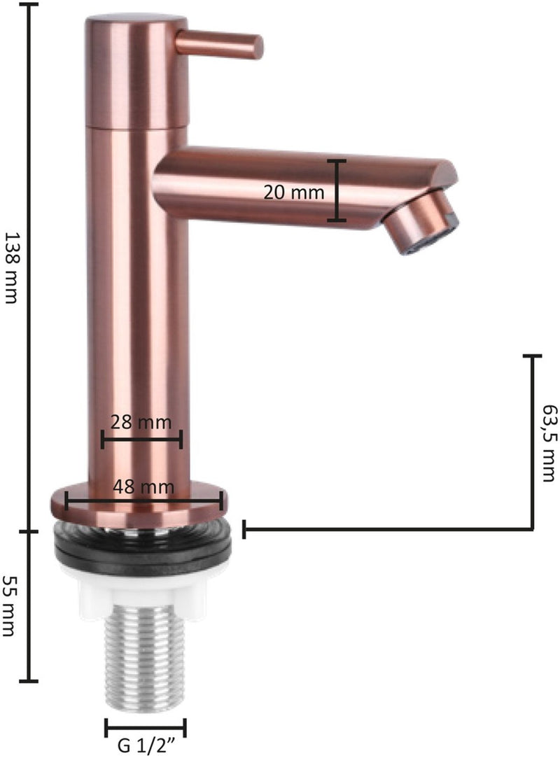 Differnz koudwaterkraan recht - wastafelkraan messing - kleur rood koper - 1 hendel bediening - afmetingen 11 x 5 x 19 cm - inclusief bevestigingsmateriaal - voor toilet of wastafel
