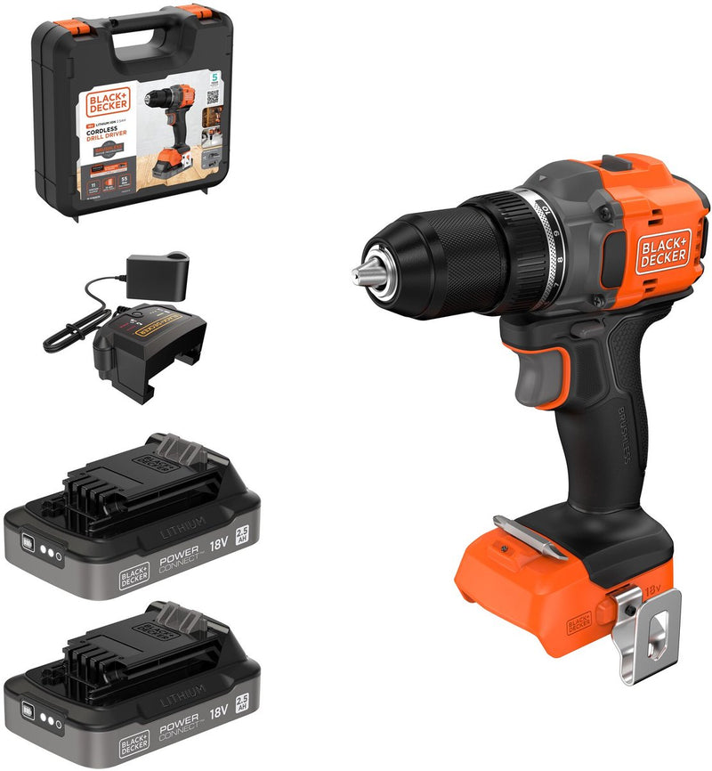 Black+decker 18v brushless schroefboormachine in koffer (met 2x2.5ah accu en lader) - bld782e2k-qw