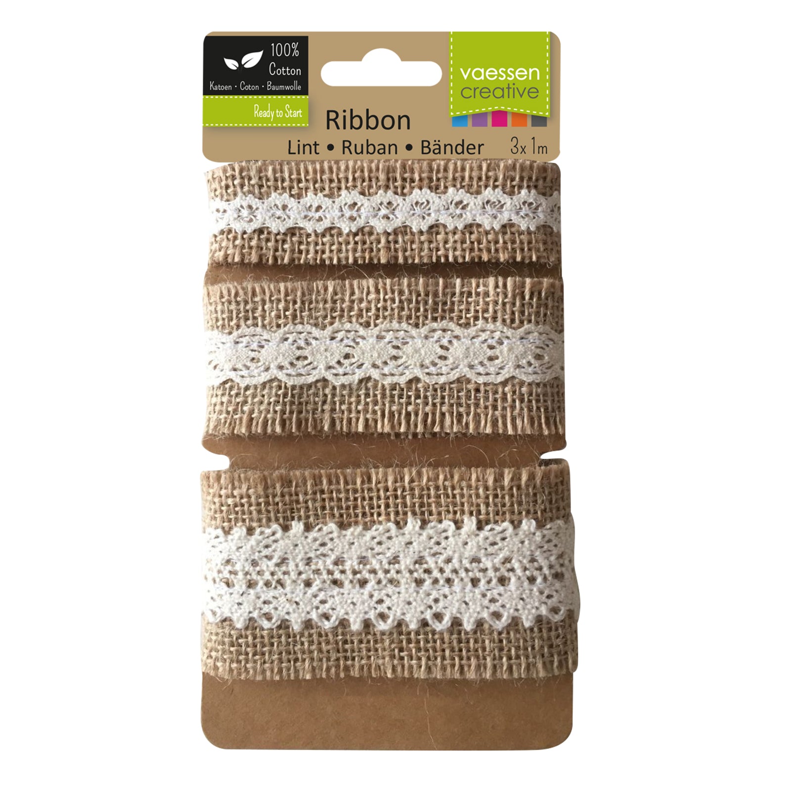Vaessen creative • assortiment juten band kant naturel ivoor 3pcs 1m