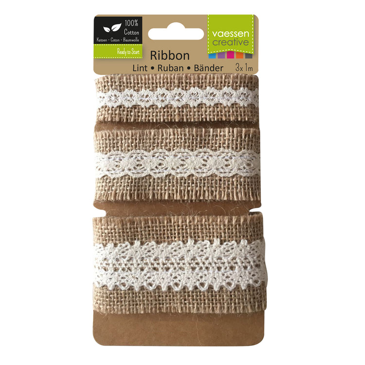 Vaessen creative • assortiment juten band kant naturel ivoor 3pcs 1m