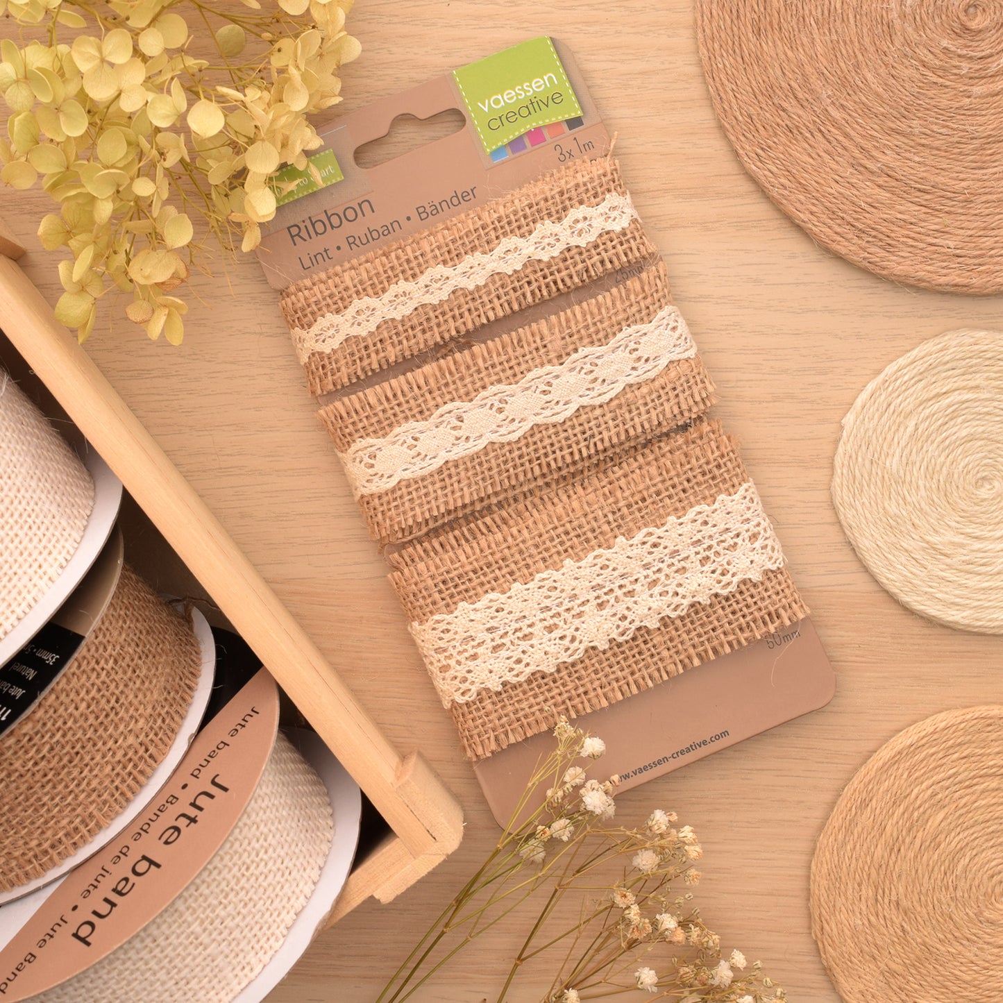 Vaessen creative • assortiment juten band kant naturel ivoor 3pcs 1m