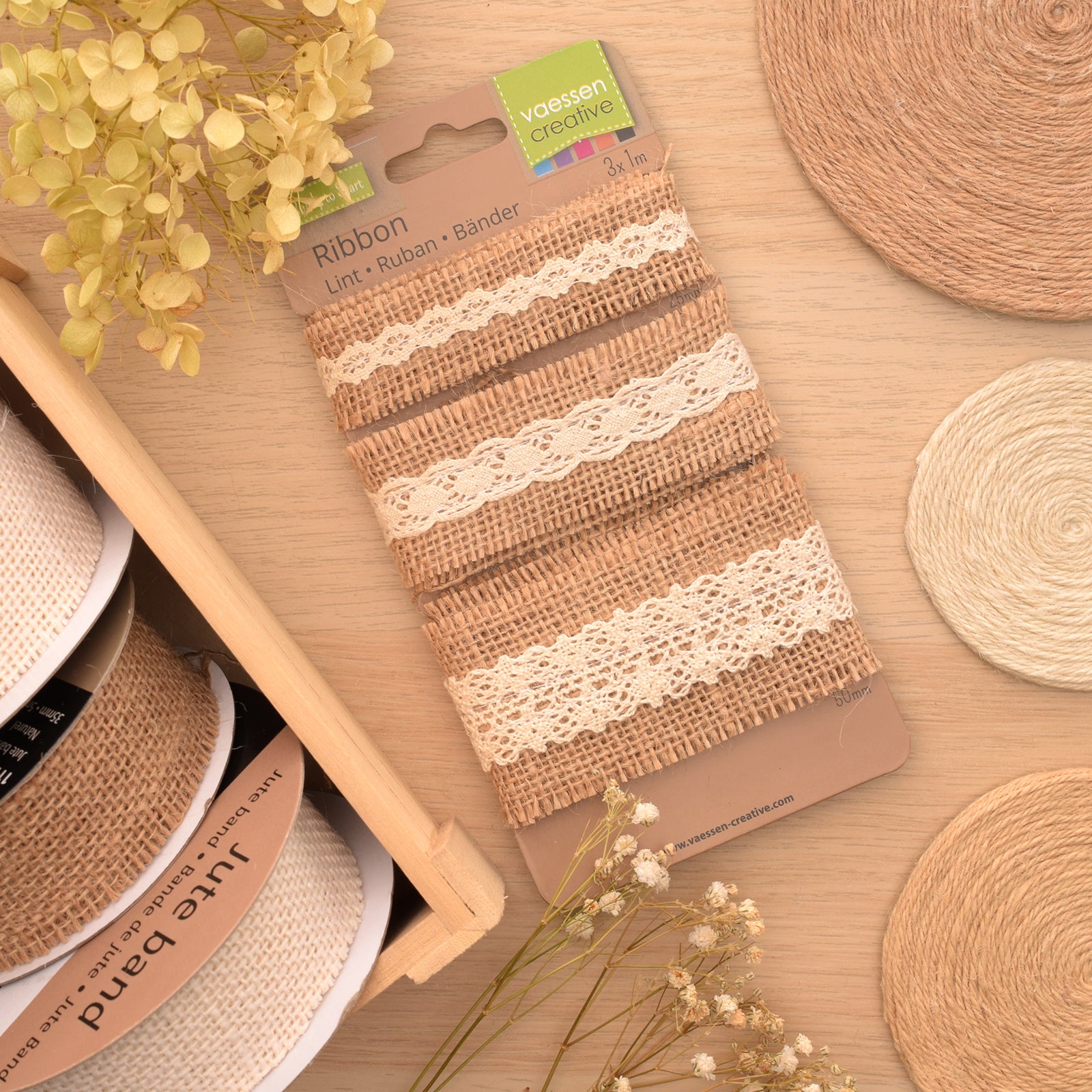 Vaessen creative • assortiment juten band kant naturel ivoor 3pcs 1m