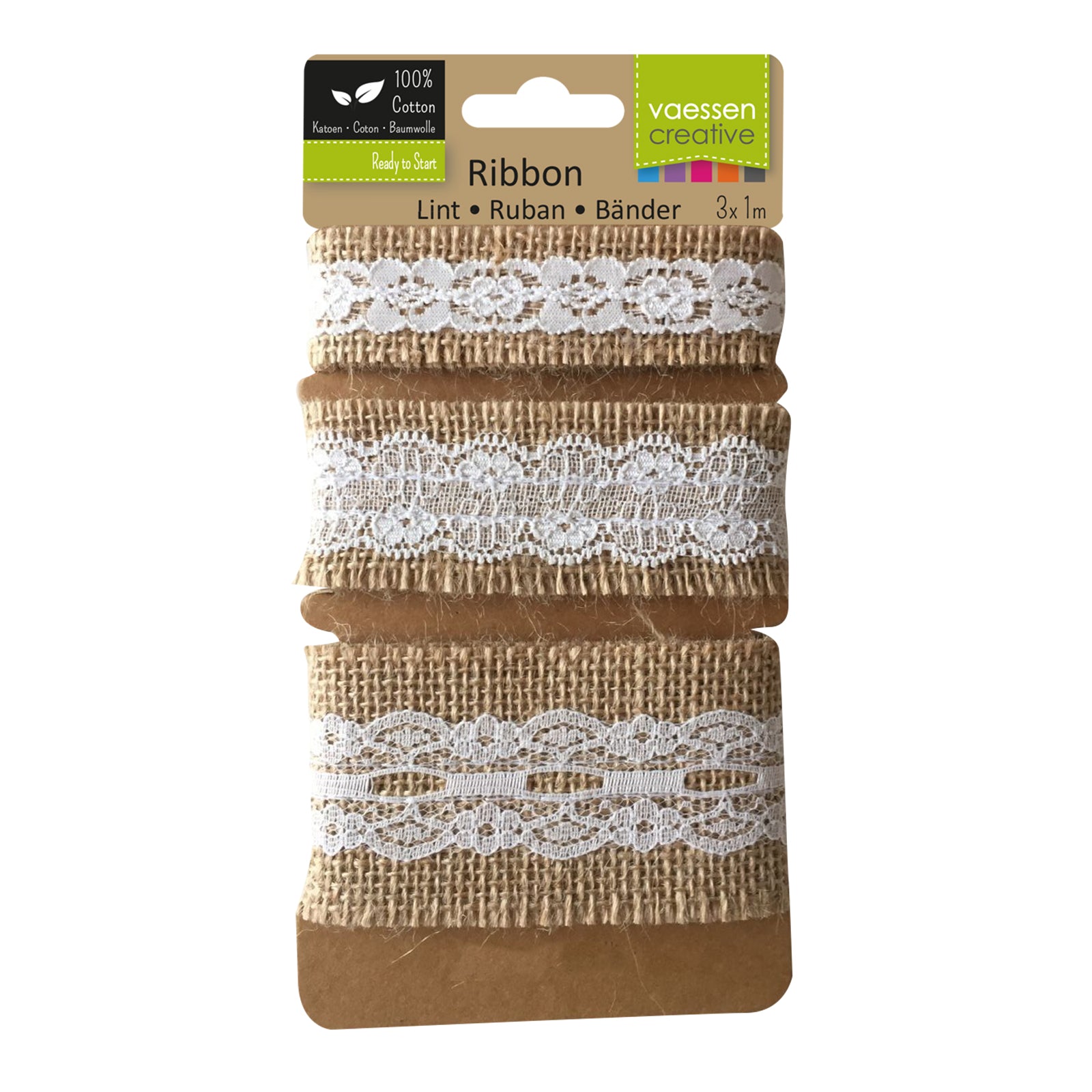 Vaessen creative • assortiment juten band kant naturel ivoor 3pcs 1m