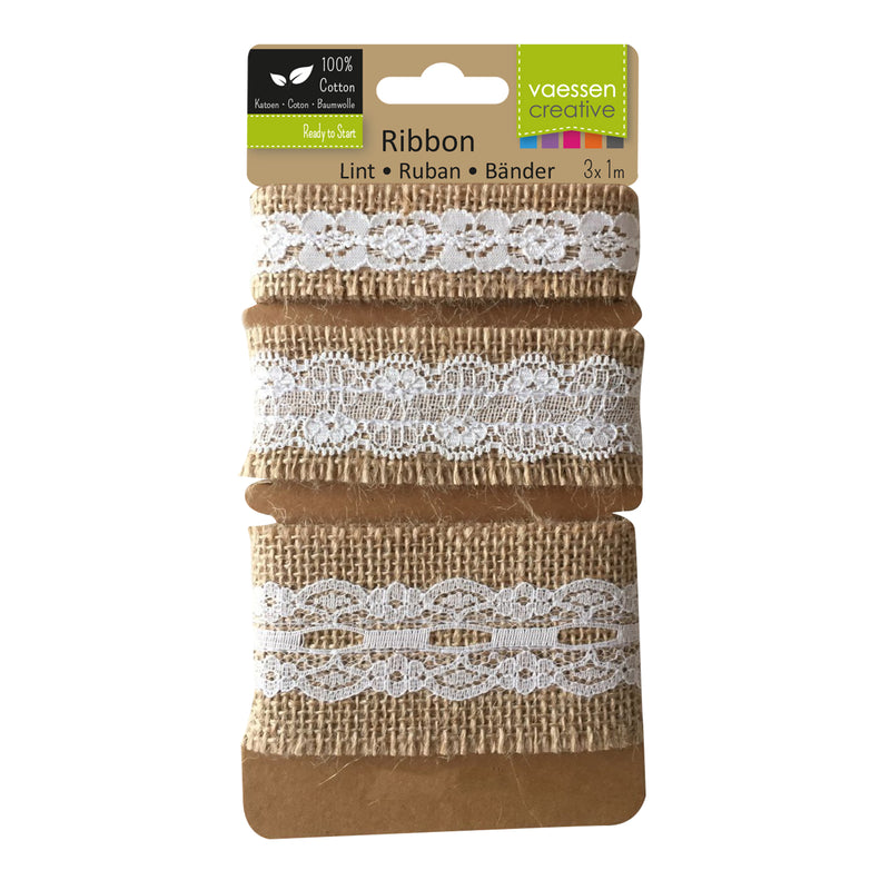 Vaessen creative • assortiment juten band kant naturel ivoor 3pcs 1m