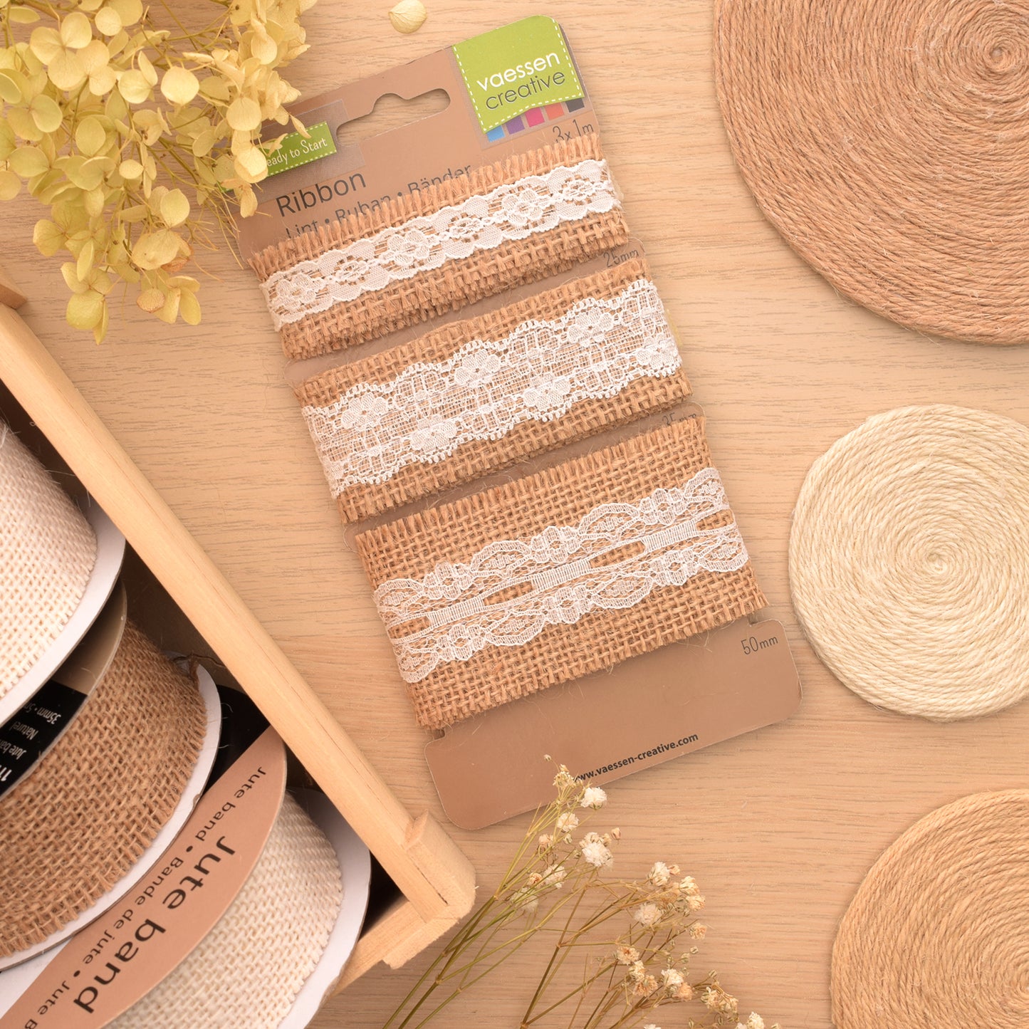 Vaessen creative • assortiment juten band kant naturel ivoor 3pcs 1m