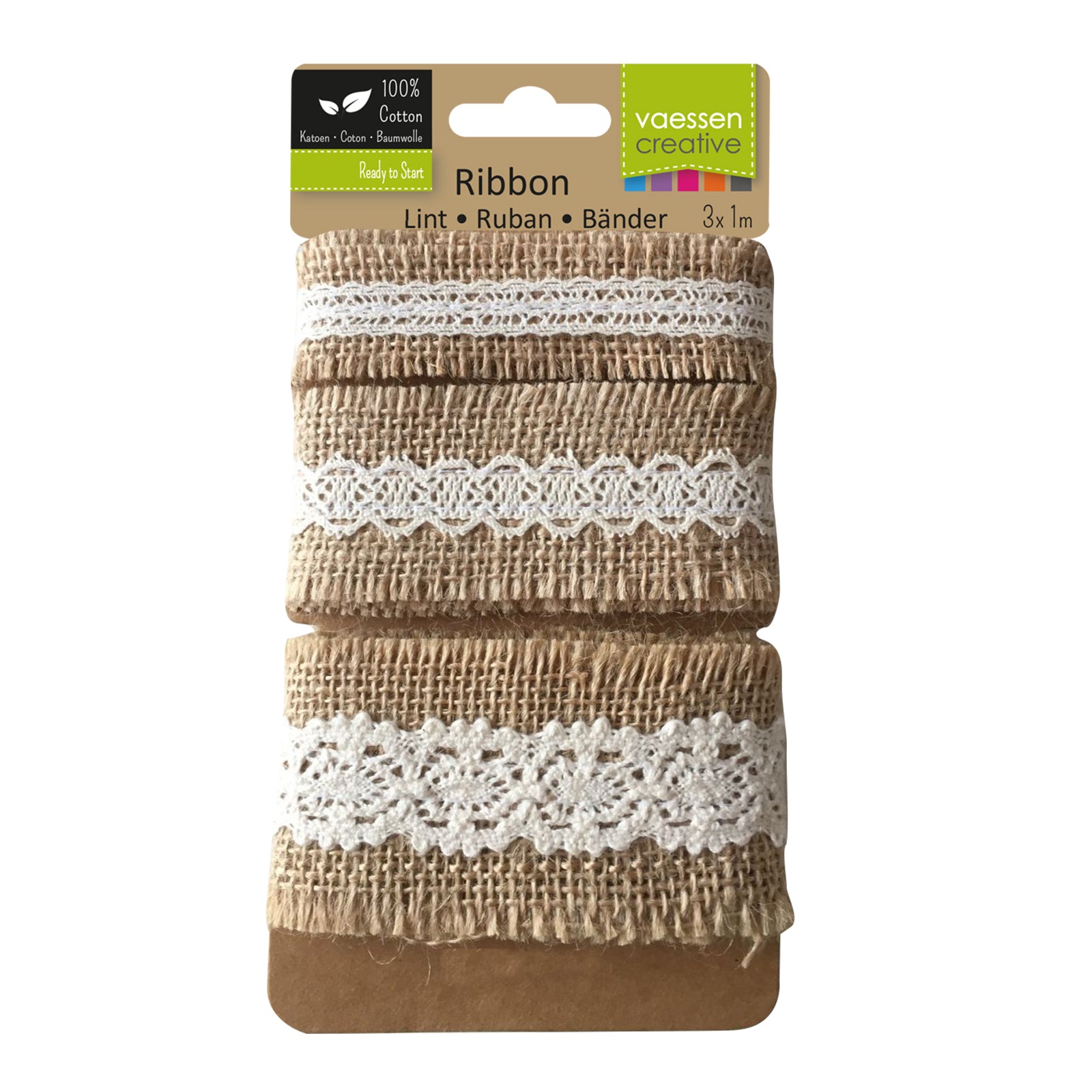 Vaessen creative • assortiment juten band kant naturel ivoor 3pcs 1m