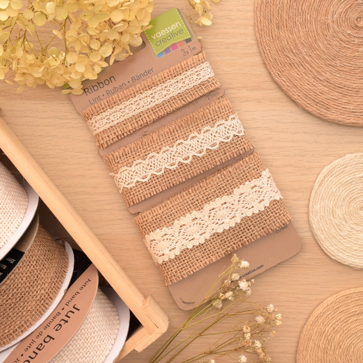 Vaessen creative • assortiment juten band kant naturel ivoor 3pcs 1m
