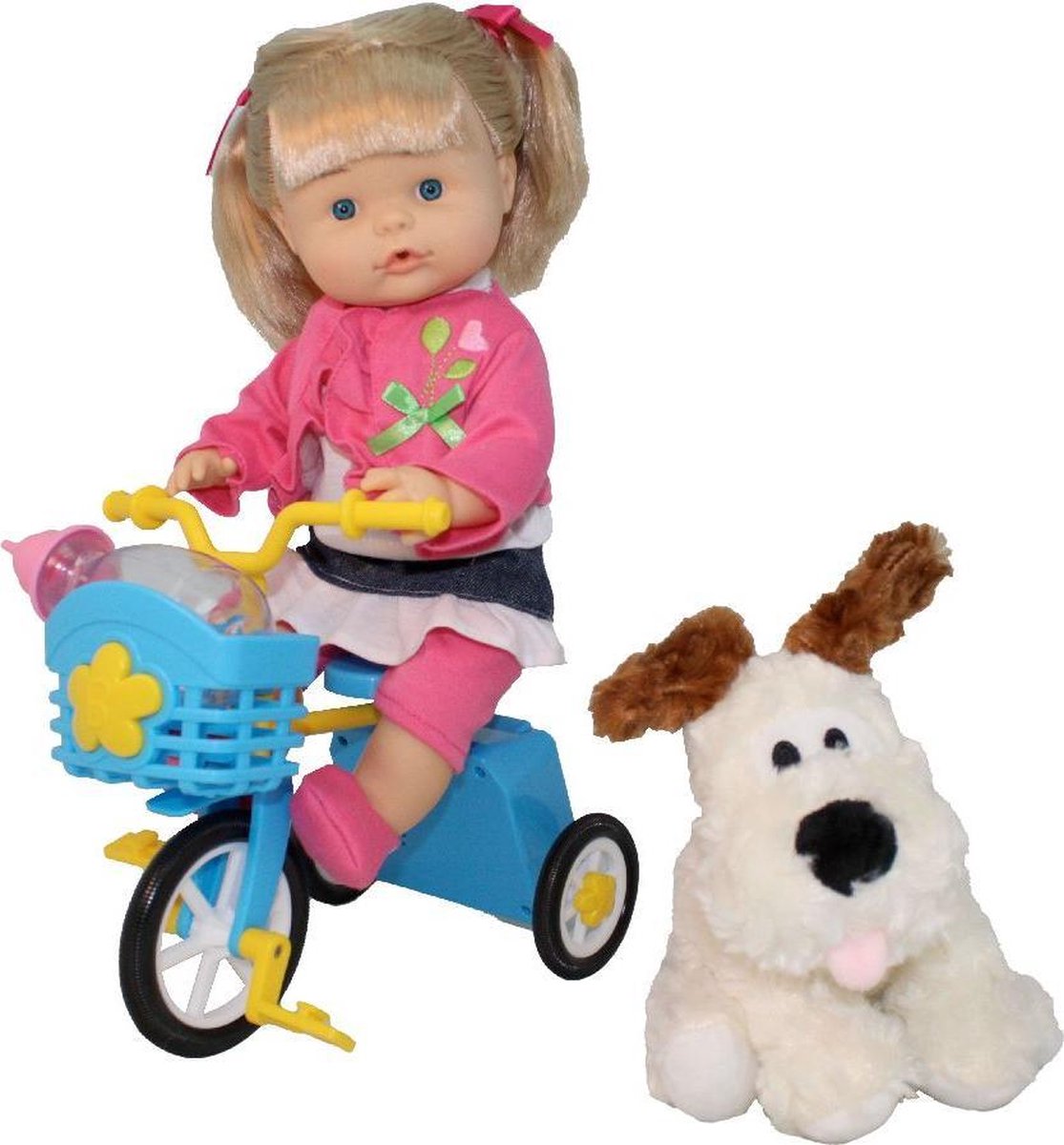 Dimian pop pipi popo met hondje en fiets - baby nena - 36 cm.