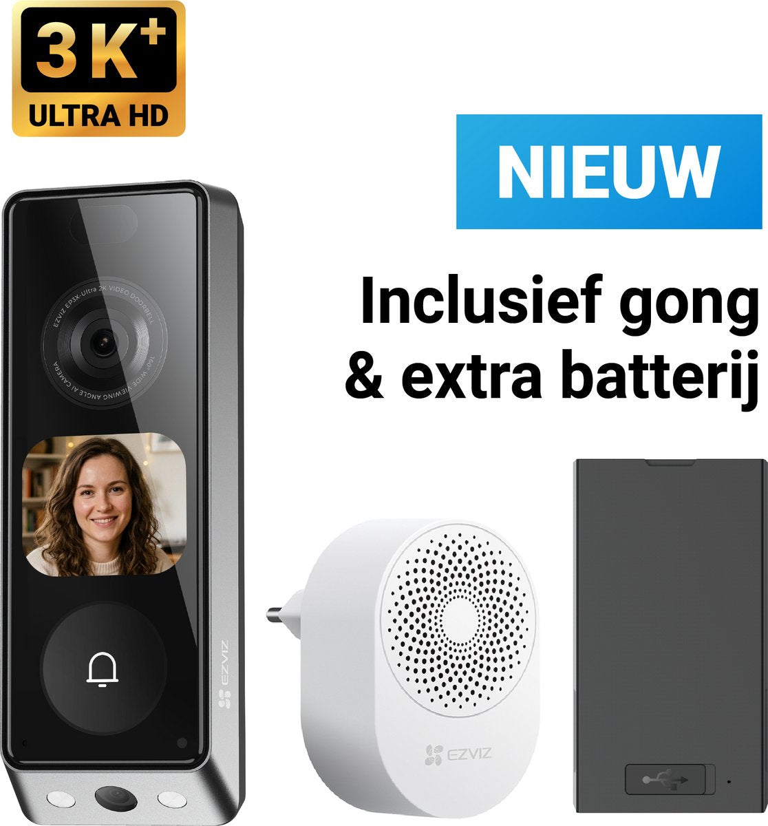 Ezviz ep8 ultra - videodeurbel met camera met ai scherm – 3k+ (6mp) dual lens – pakketdetectie – draadloos of bedraad – 32gb ingebouwde opslag – zonder abonnement