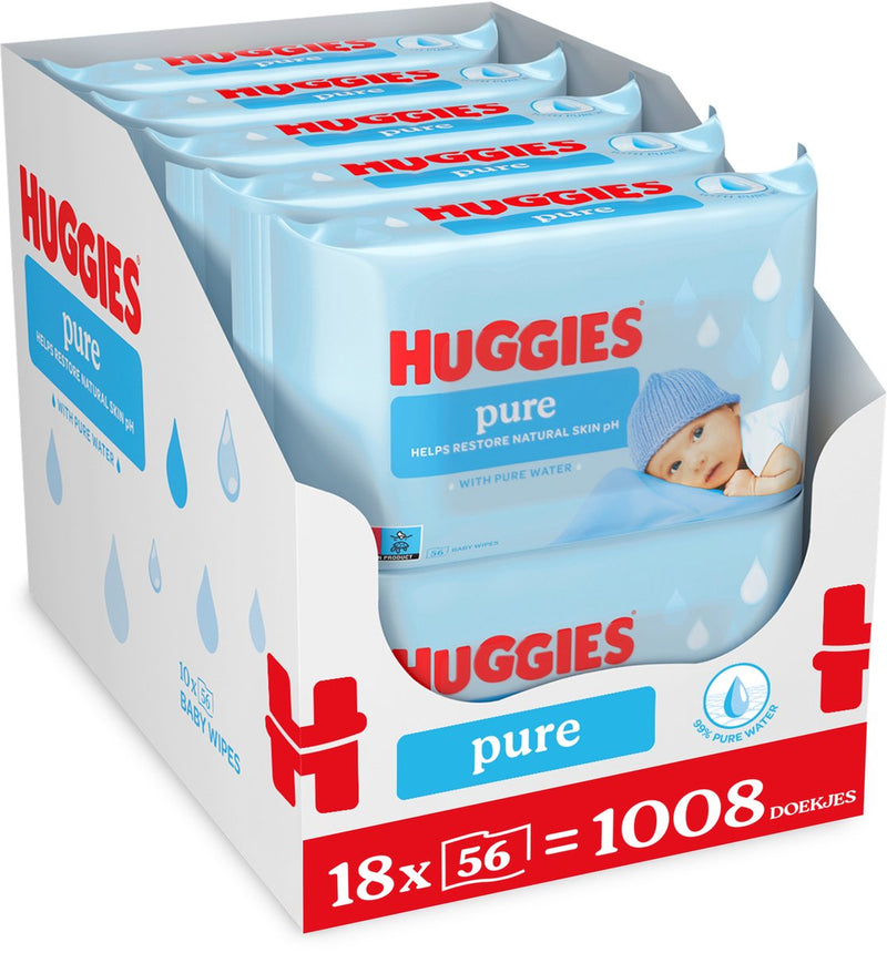 Huggies billendoekjes - pure water - 18 x 56 stuks - 1008 doekjes - voordeelverpakking