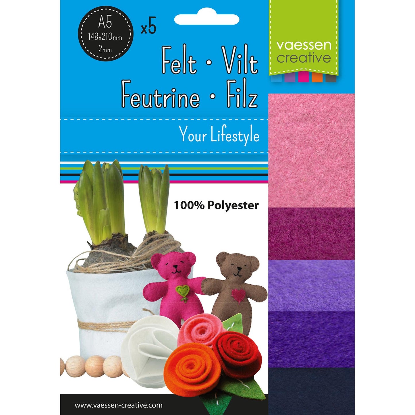Vaessen creative • vilt pakket 2mm a5 roze paars 5st.