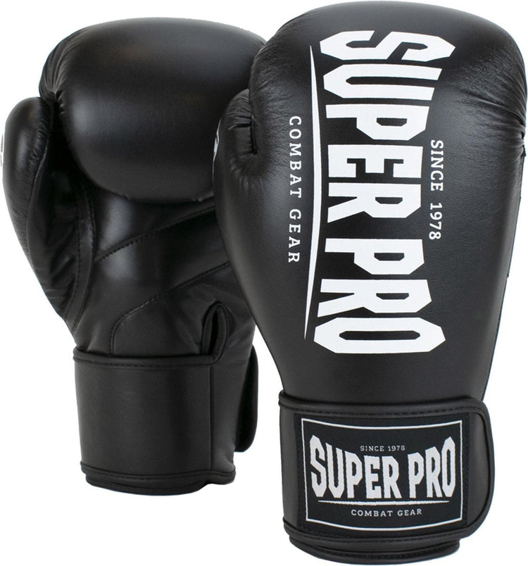 Super pro combat gear champ (kick)bokshandschoenen zwart wit 14oz