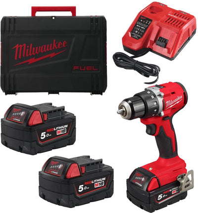 Milwaukee m18 blddrc-502c accu boor- schroefmachine + 2x 18v 5.0 accu + oplader in koffer
