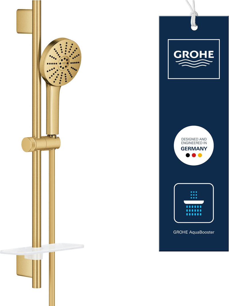 Grohe vitalio joy+ 120 doucheset met douchestang – met douchekop, doucheslang zeepschaal – 3 straalsoorten – aquabooster – aquacalibrator (7l min) – geborsteld cool sunrise
