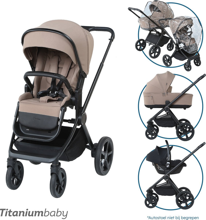 Titanium baby titaniumbaby kinderwagen solid urban taupe incl regenhoes en autostoeladapters - verstelbare duwstang - inklapbaar-reiswieg verstelbaar in 3 hoogtes -verstelbare rugleuning en voetsteun